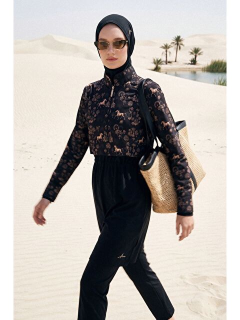 Haşema Vaha Koleksiyonu Desenli Siyah 5 Parça Tam Tesettür Mayo Takımı 6035