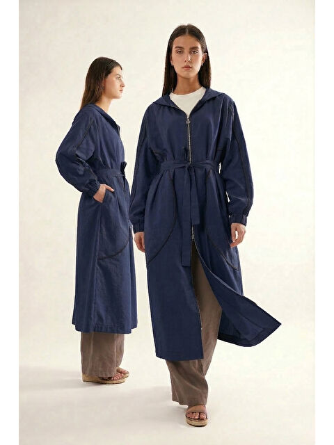 Remsa Kolu ve Önü Fermuar Detaylı Kapüşonlu Safari Kap Ceket 816 Lacivert