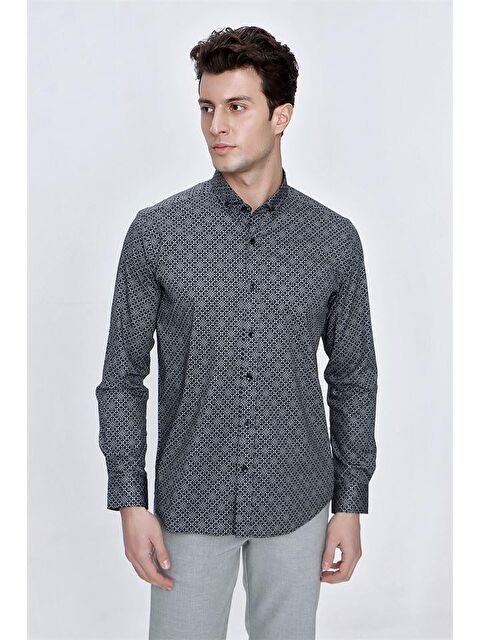 İMZA Siyah Uzun Kol Gömlek Yaka Klasik Slim Fit Pamuklu Elastanlı Gömlek 1004225209 - S000356414-19351