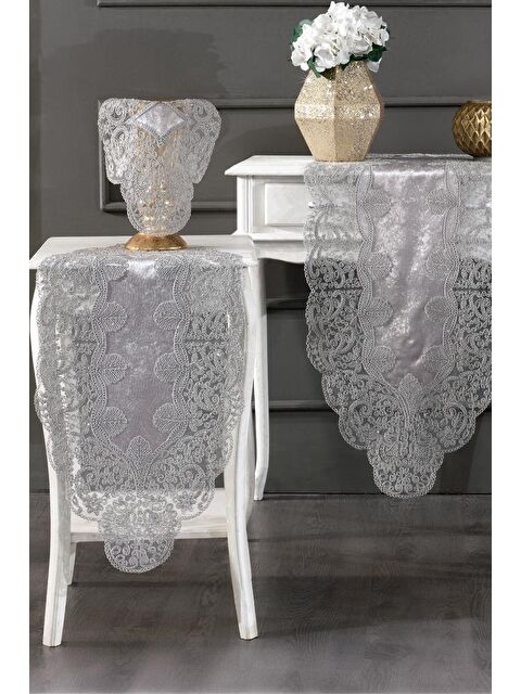 Çeyiz Diyarı Fransız Güpürlü Kadife Sırma Salon Takımı 5 Parça Gri - S000499155-20600