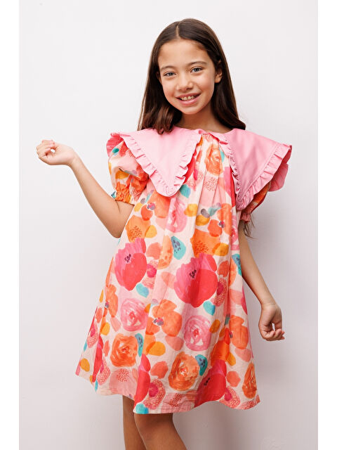 Le Mabelle Pudra Sivri Yakalı Çiçek Desenli Kız Çocuk Elbise - Megan
