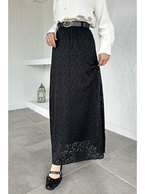 Julude Bel Lastikli Güpürlü Kemer Aksesuarlı Elastanlı Tesettür Etek