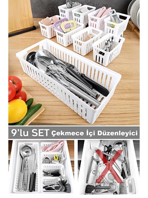 Meleni Home 9 Parça Modüler Çekmece İçi Organizer Set Banyo Mutfak Makyaj Aksesuar Ofis Düzenleyici Beyaz - S000387437-20063