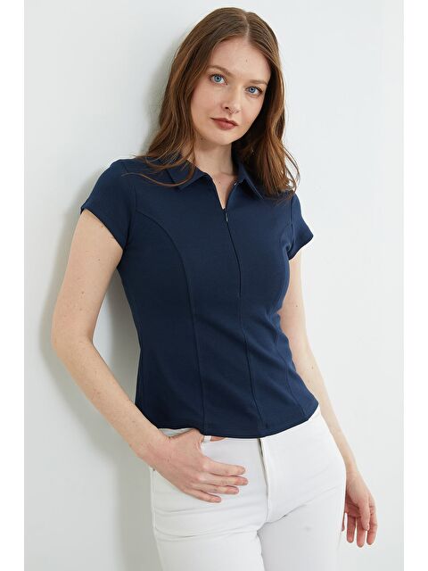 Fullamoda Basic Yarım Fermuarlı Polo Yaka Slim Fit Tişört - S000529498-21164