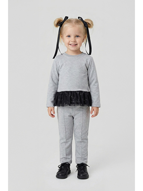 Luess Kız Çocuk %100 Pamuklu Tül Detaylı Düğmeli Gri Alt Üst Takım - S000497575-37592