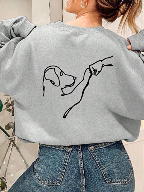 Trendseninle Kadın Gri Hayvan Sevgisi Baskılı Bisiklet Yaka Oversize Sweatshirt - S000336560-20600