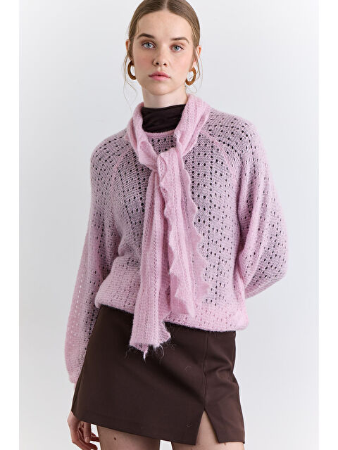 Manuka Bağlama Yakalı Ajurlu Kazak Pembe - S000499148-20024