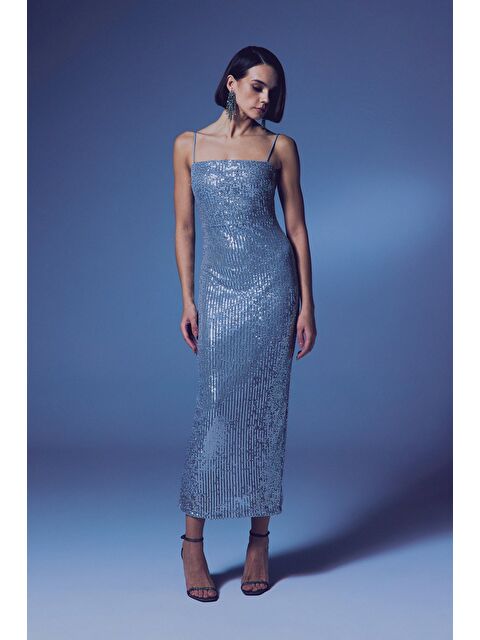 SATEEN Askılı Uzun Payet Elbise - Gümüş - S000338678-18105