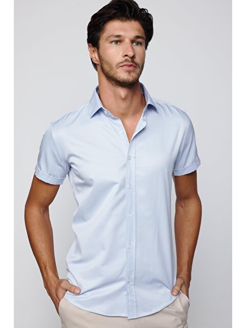 TUDORS Dar Kesim Kısa Kollu Düz Pamuklu Kravat Yaka Mavi Erkek Gömlek