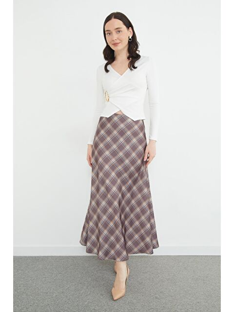 Fullamoda Ekose Desenli Maxi Boy Saten Etek