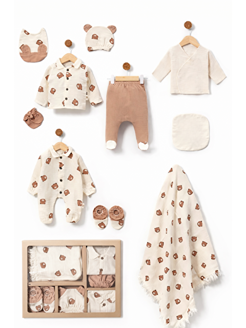 Verona Tarz Erkek Bebek Müslin Kumaş Kutulu Premium 10lu Hastane Çıkış Seti Yenidoğan Kıyafeti - S000530853-19965