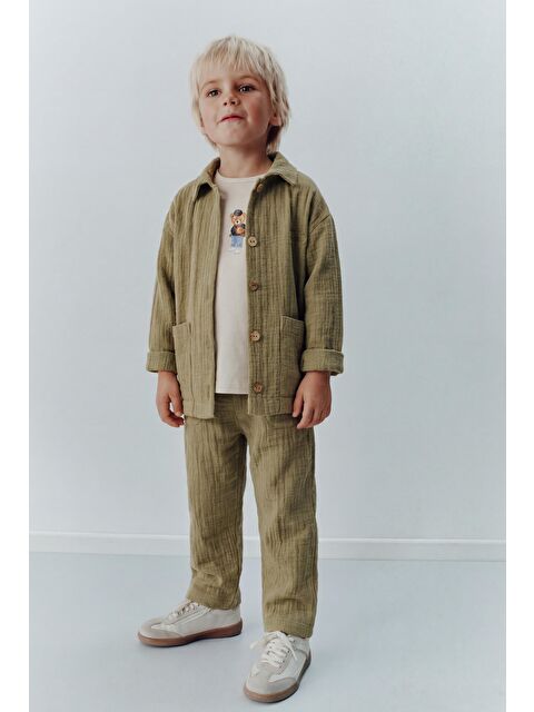 Magu Erkek Çocuk Pamuklu Haki Müslin Ceketli T-Shirtli Pantolon Takım - S000513777-18194