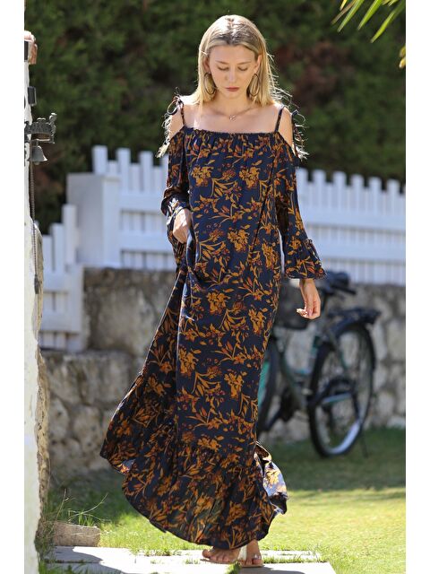 Chiccy Kahverengi Carmen Yaka Fırfırlı Kol Kol Ve Etek Ucu Fırfırlı Allover Baskılı Dokuma Casual Elbise - S000359056-19413