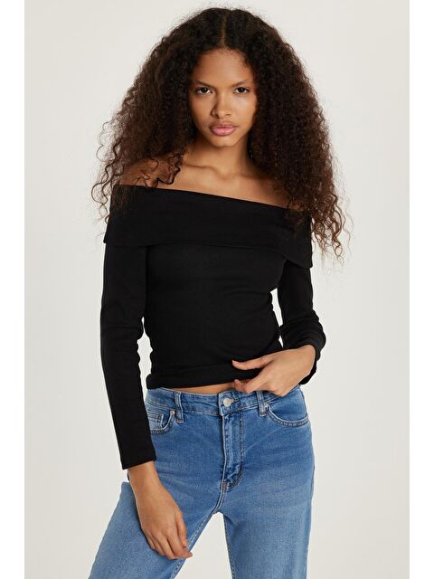 TUDORS Kadın Slim Fit Modal Kumaş Düz Pamuklu Straplez Siyah Bluz - S000521317-19351