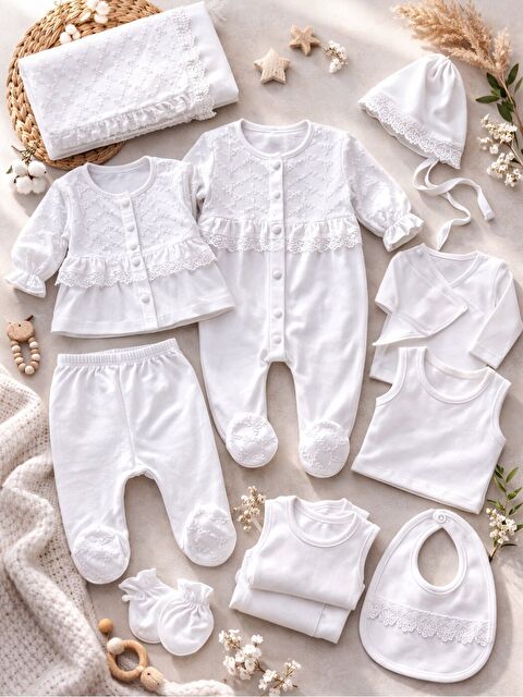 Verona Tarz Kız Bebek Lüx Kutulu Premium 10lu Hastane Çıkış Seti Pamuklu Dantelli 0-3ay Hediyelik - S000530854-20063