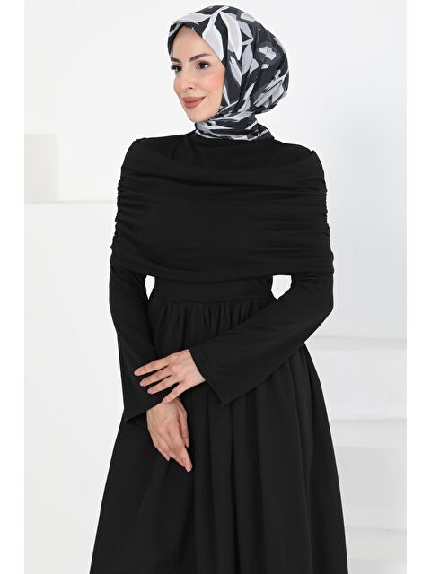 Tofisa Üstü Şal Detaylı Elbise Siyah - 27282 - S000393669-19351