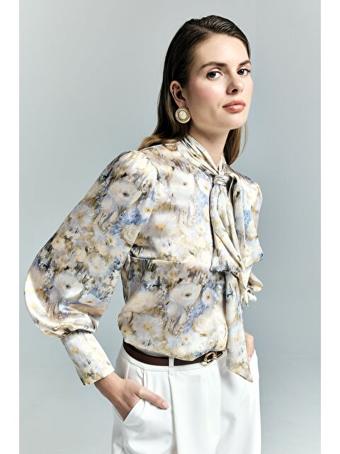 SATEEN Çiçek Desenli Fularlı Gömlek - Sarı - S000531630-20072