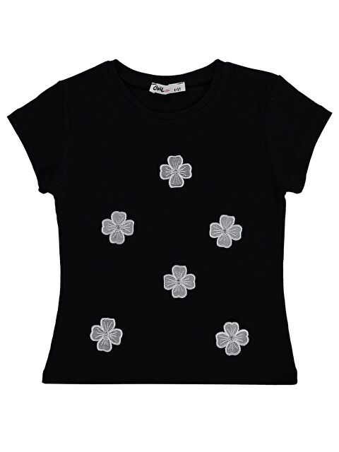 Civil Girls Çiçekli 4-9 Yaş Tişört - Siyah