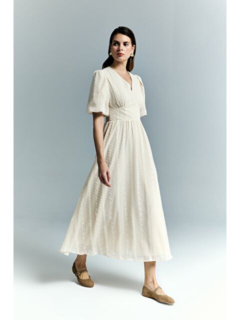 SATEEN Kabarık Kollu Uzun Elbise - Bej - S000531632-19928