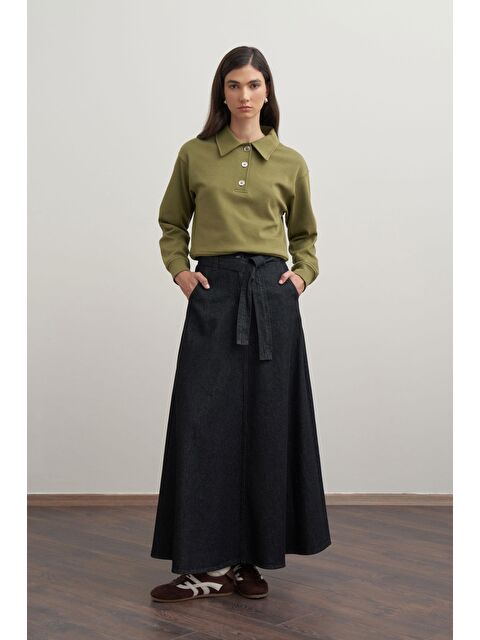 ALLDAY Antrasit-Kuşaklı Kloş Denim Etek - S000500236-29666