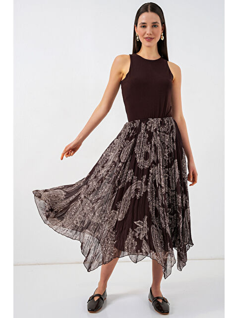 Bigdart Kadın Asimetrik Tül Şifon Etek 8061 - Kahverengi