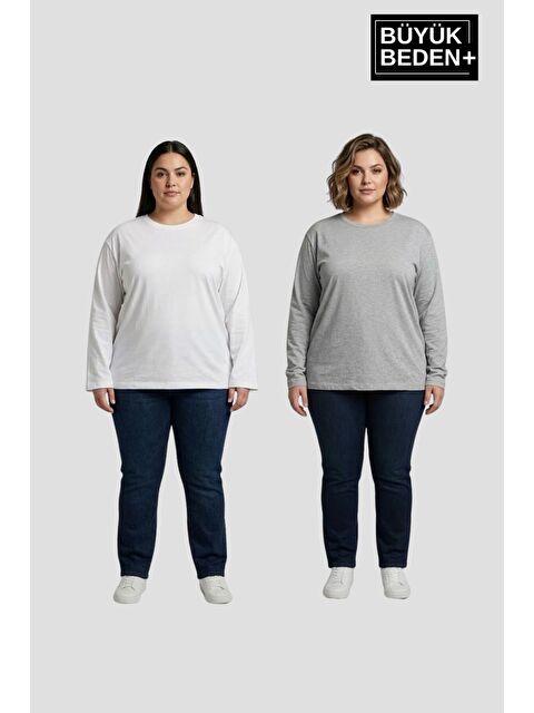 Süperlife Kadın Büyük Beden 2'li Set Uzun Kollu 2 İplik Bisiklet Yaka Tişört SPR26BEA942+2