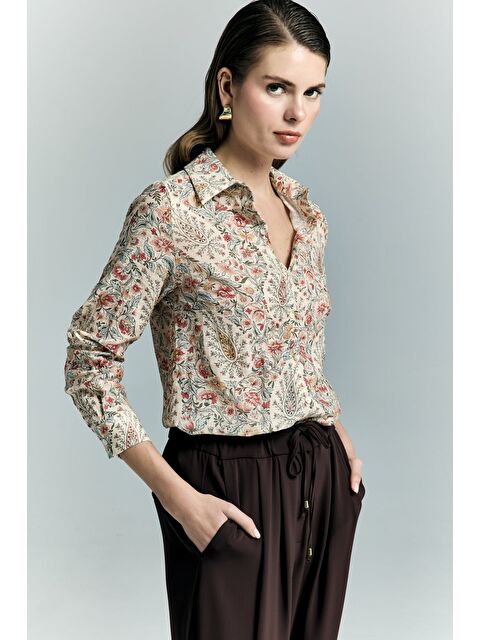 SATEEN Şal Desen Kolu Katlamalı Gömlek - Pembe - S000531638-20024