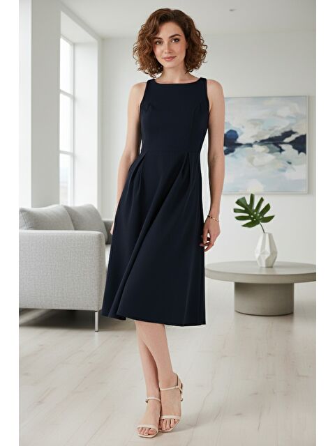 Lela Regular Fit Bisiklet Yaka Cepli Pileli Midi Boy Kadın Elbise 6111963