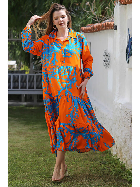 Chiccy Turuncu-Mavi Gömlek Yaka Balon Kol Düğmeli Casual Viskon Dokuma Elbise 140 65 - S000367745-37464