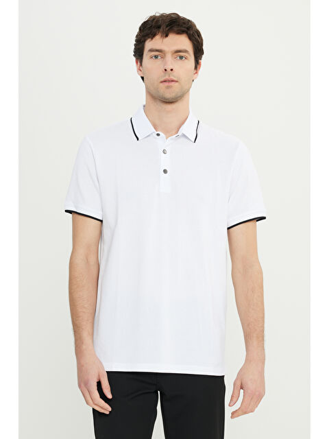 AC&Co / Altınyıldız Classics Erkek Beyaz %100 Pamuk Dar Kesim Polo Yaka Jakarlı Tişört - S000512264-20063