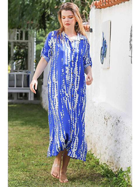 Chiccy Mavi Gömlek Yaka Düğmeli Uzun Kollu Gizli Cepli Allover Baskılı Viskon Dokuma Elbise 130 60 - S000367746-17234