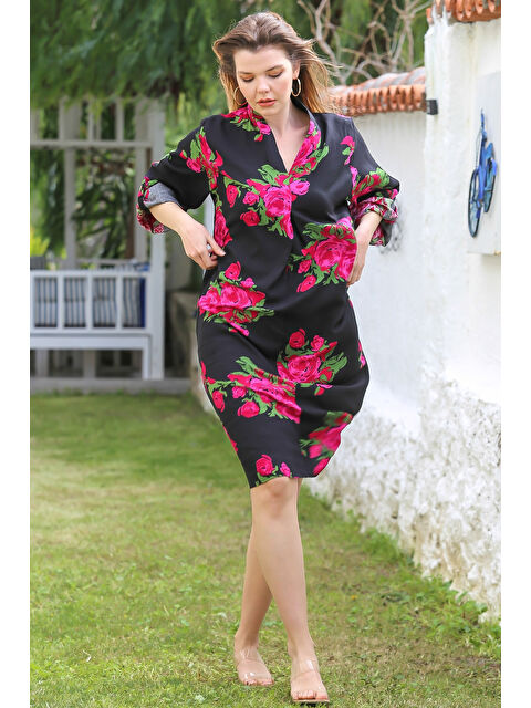 Chiccy Siyah-Pembe V Yaka Düğmeli Uzun Kollu Gizli Cepli Allover Baskılı Casual Viskon Dokuma Elbise 115 58 - S000367747-37442