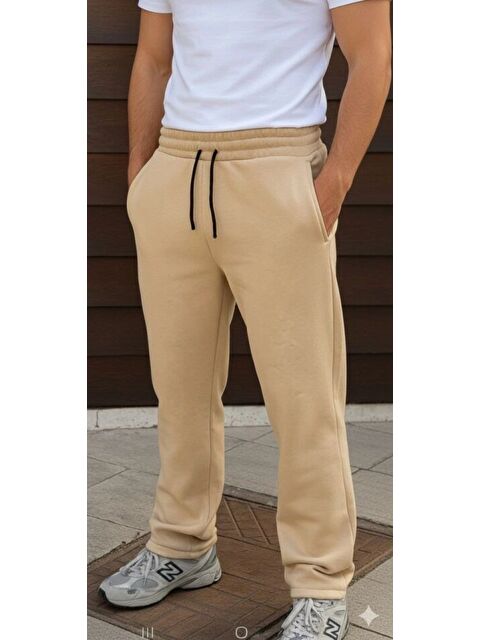 Jane's Erkek Üç Iplik Kışlık Pamuklu Ovarsize Bağcıklı Düz Paça Cepli Eşofman Altı Spor Rahat Model - Bej