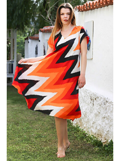 Chiccy Turuncu V Yaka Düşük Kol Allover Baskılı Casual Viskon Dokuma Elbise 115 66 - S000367761-20013