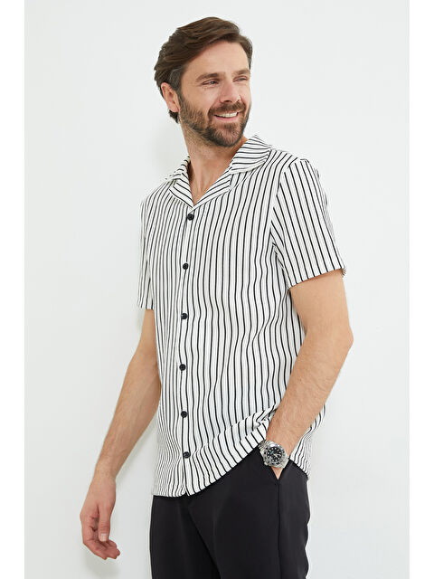 Fullamoda Çizgili Fitilli Kısa Kollu Gömlek