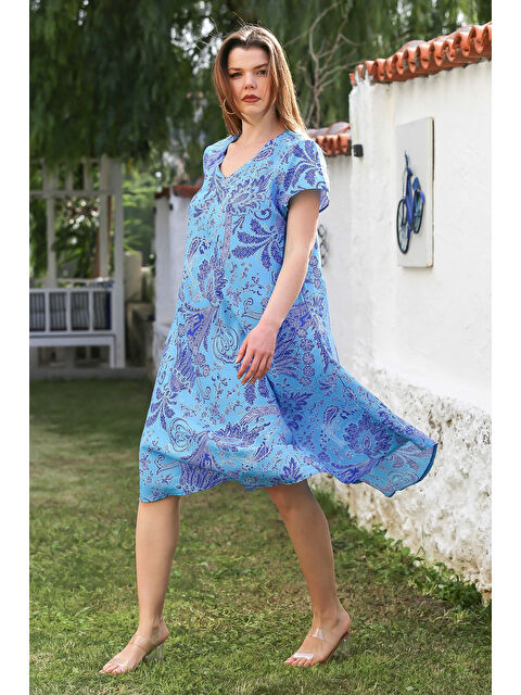 Chiccy Mavi V Yaka Düşük Kol Allover Baskılı Casual Viskon Dokuma Elbise 115 66 - S000367762-17234