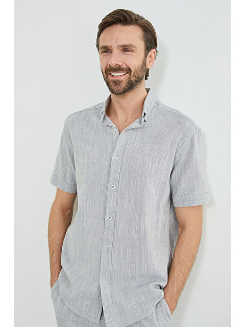 Fullamoda Flamlı Düğmeli Keten Görünümlü Gömlek