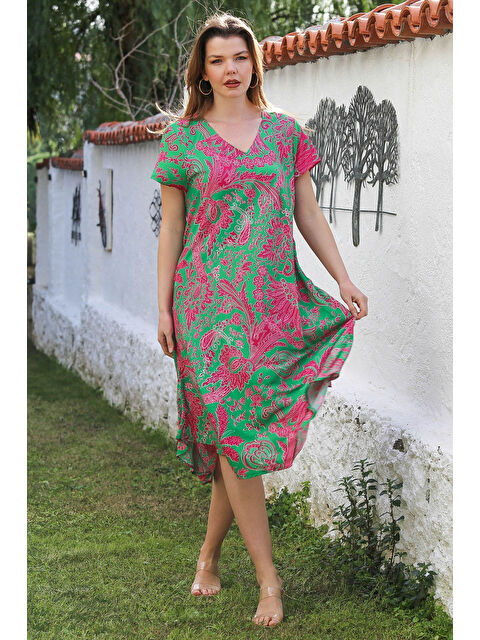 Chiccy Yeşil-Fuşya V Yaka Düşük Kol Allover Baskılı Casual Viskon Dokuma Elbise 115 66 - S000367762-37468