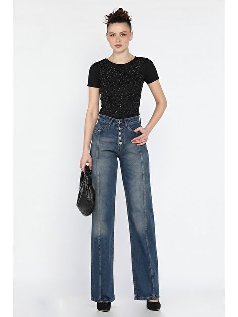 Gülseli Ön Detaylı Kadın Bol Paça Mom Jean Pantolon - S000361095-17234