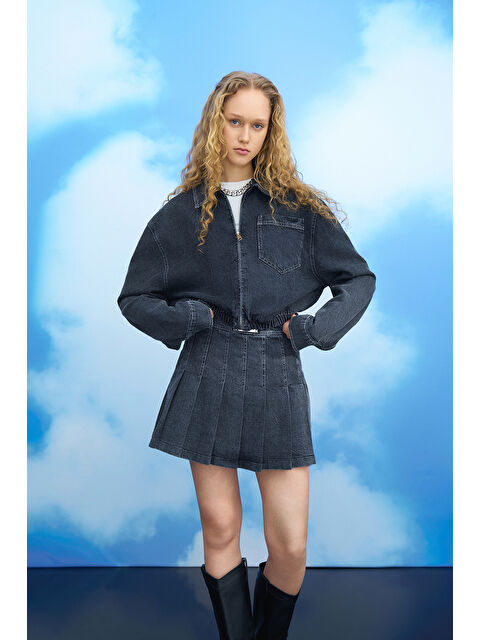 QUZU Büyük Cepli Fermuarlı Beli Lastikli Ceket Antrasit - S000334245-29666