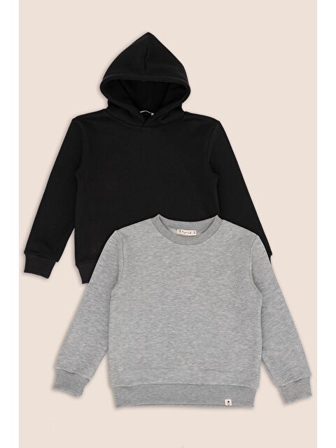 For You Kids 2 Li Siyah Kapüşonlu Gri Bisiklet Yaka Erkek Çocuk Sweatshirt - S000334965-37430