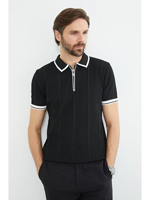 Fullamoda Çizgili Yarım Fermuarlı Polo Yaka Triko Tişört