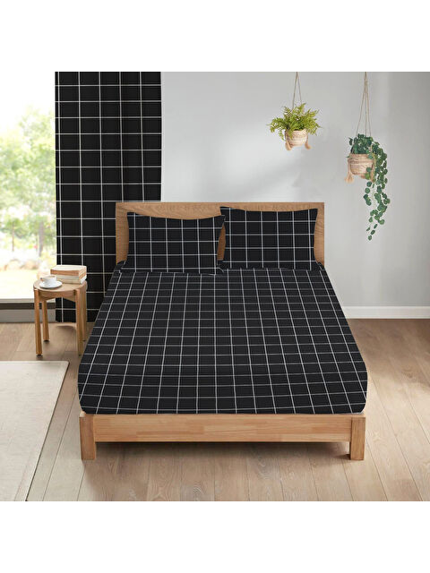 Evmila Kare Desenli Baskılı 180x200 Çift Kişilik Lastikli Çarşaf Seti Siyah - S000291102-23173
