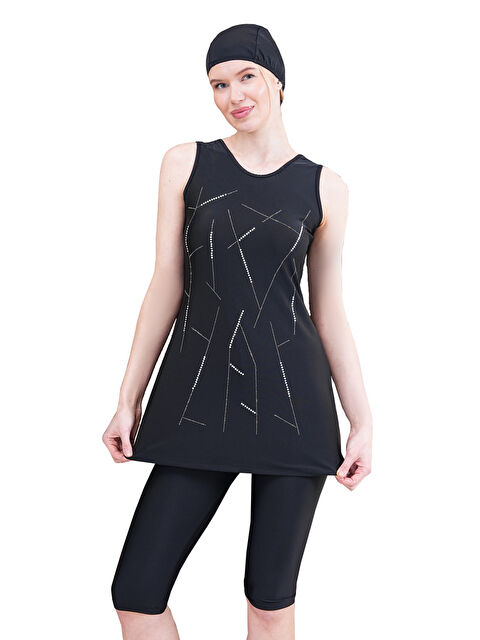 Remsa Taş Detaylı Elastanlı Sıfır Kol Yarı Kapalı Tesettür Mayo Arzu 2519 Siyah - S000362156-19351