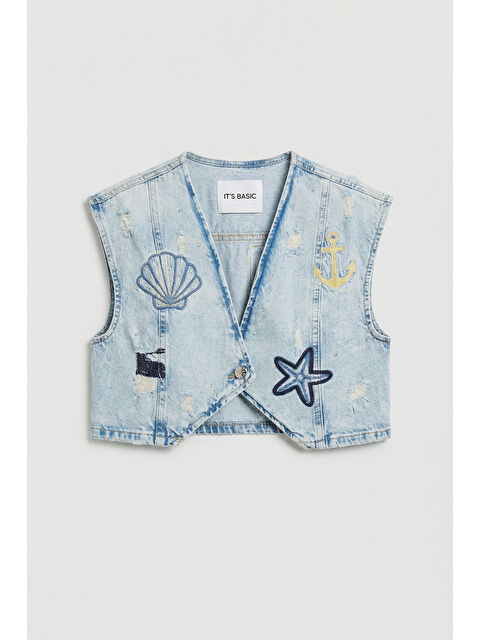 It's Basic Kadın Jean Rengi T-12s6-99 Nakış Detaylı Crop Fit Tasarım Denim Yelek