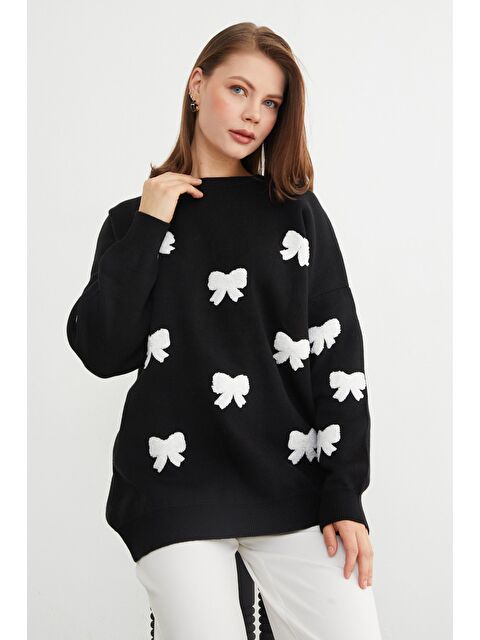 Fullamoda Kurdele Nakışlı Bisiklet Yaka Oversize Triko Kazak - S000432831-19351