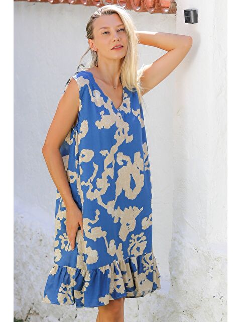 Chiccy Mavi-Bej V Yaka Kolsuz Etek Ucu Fırfırlı Dokuma Casual Elbise - S000359061-5273