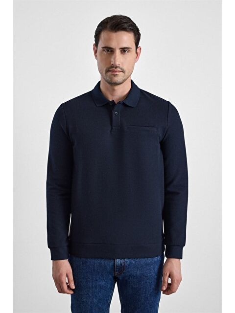 Süvari Lacivert Regular Düz Baskısız Selanik Düğmeli Polo Yaka Torba Cep Trikolu Standart Sweatshirt