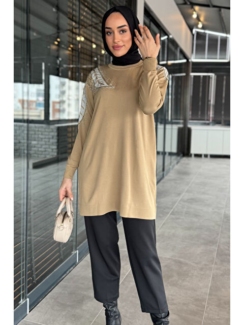 Julude Taş İşlemeli Bisiklet Yaka Tesettür Triko Tunik - S000365159-19928