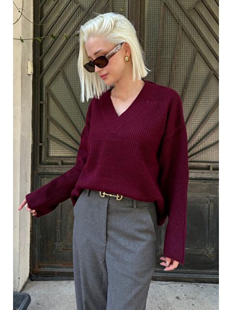 Madmext Bordo V Yaka Triko Kadın Kazak Mg2501 - S000437751-19951